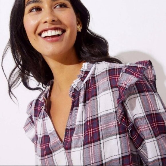 LOFT | Plaid Ruffle Blouse | Red & Charcoal Gray | XL - Picture 3 of 12